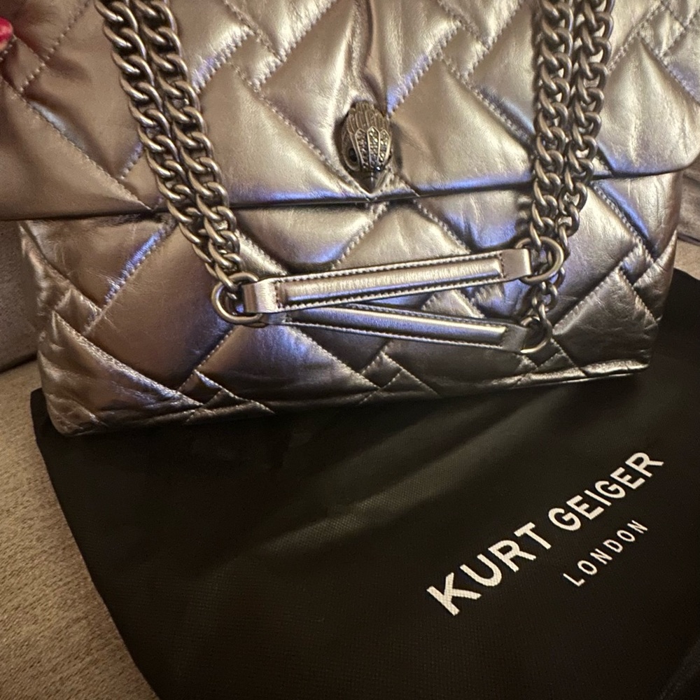 Kurt Geiger London Kensington Soft Leather Silver Quilted XXL Bag